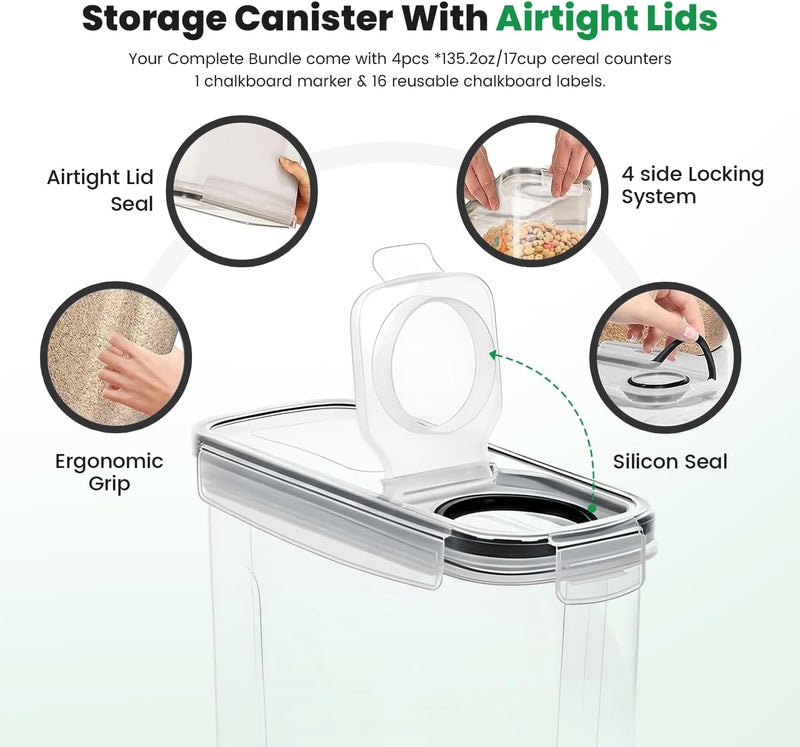 AROVAZ Cereal Containers Storage with Lids - Airtight Kitchen Dry Food Storage Containers & BPA Free Cereal Dispenser For Pantry Organizer And Storage (Clear, 4 Liter Pack of 4) - Image 4